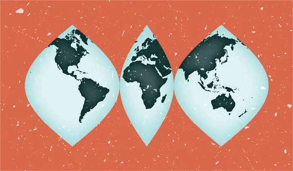 Mapa do mundo Cartaz Projeção sinusoidal interrompida Forma do mundo vintage com textura grunge — Vetor de Stock