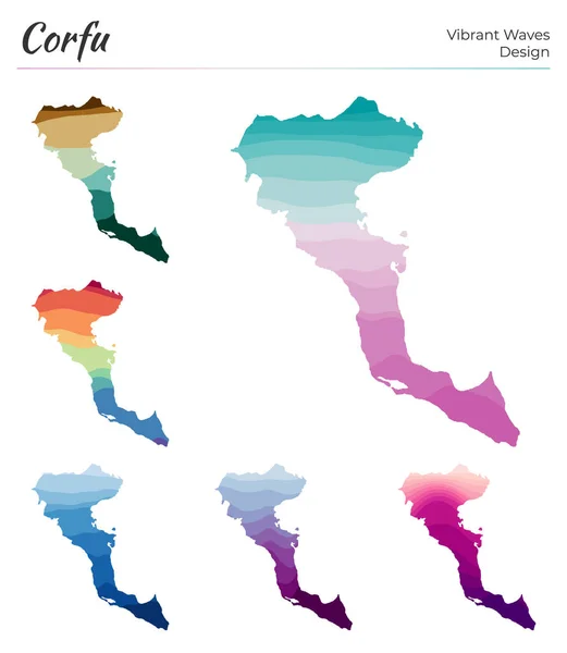 Conjunto de mapas vetoriais de Corfu Design de ondas vibrantes Mapa brilhante da ilha em curvas geométricas lisas — Vetor de Stock