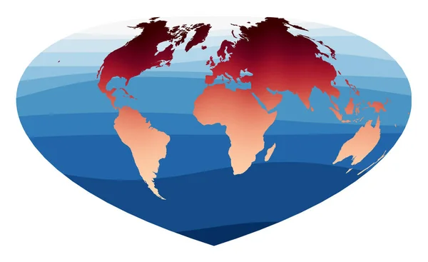 Mundo Mapa Vector Bottomley projecção Mundo em vermelho gradiente laranja em ondas profundas do oceano azul —  Vetores de Stock