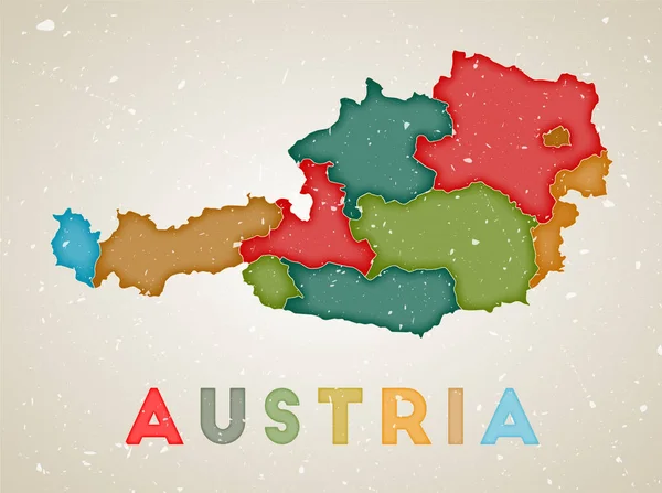 Áustria mapa País pôster com regiões coloridas Velha textura grunge Ilustração vetorial da Áustria —  Vetores de Stock