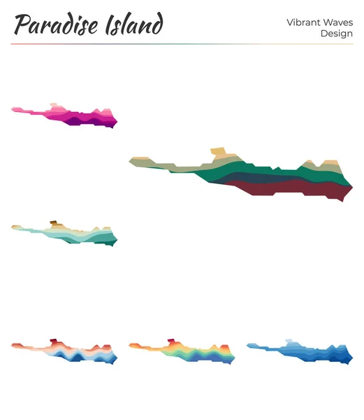 Conjunto de mapas vetoriais da Ilha do Paraíso Projeto de ondas vibrantes Mapa brilhante da ilha em geométrico — Vetor de Stock