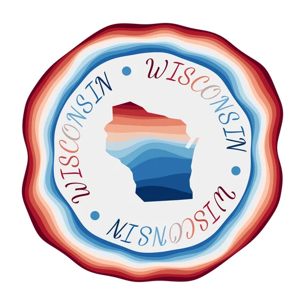 Wisconsin odznak Mapa státu USA s krásnými geometrickými vlnami a pulzujícím červeným modrým rámečkem — Stockový vektor