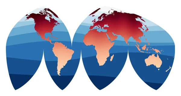 Mappa del mondo Vector Boggs ha interrotto la proiezione eumoristica Mondo in sfumatura arancione rossa su blu intenso — Vettoriale Stock