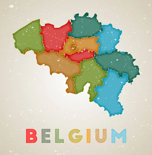 Carte de la Belgique Affiche de pays avec régions colorées Vieille texture grunge Illustration vectorielle de la Belgique — Image vectorielle