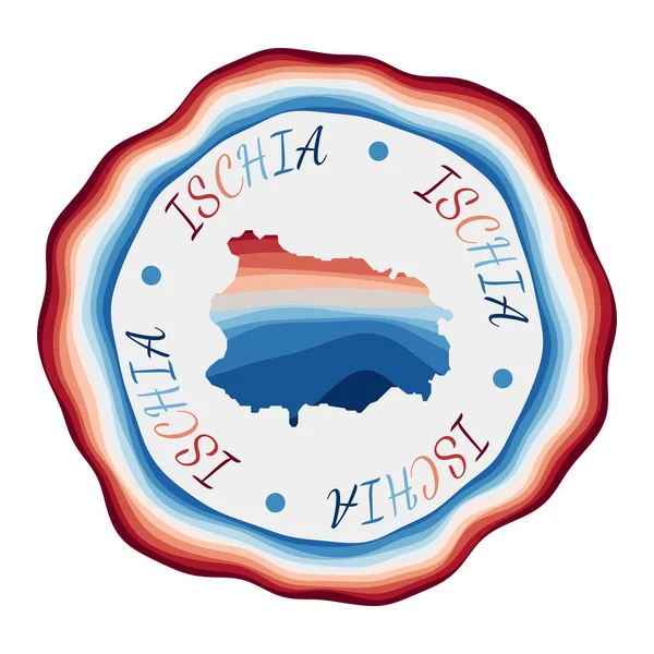 Insignia de Ischia Mapa de la isla con hermosas olas geométricas y vibrante marco rojo azul Vivid — Vector de stock