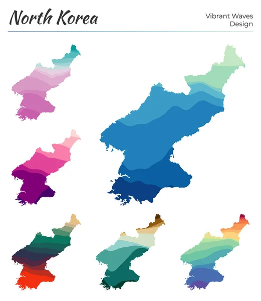 Conjunto de mapas vetoriais da Coreia do Norte Design de ondas vibrantes Mapa brilhante do país em geométrico liso — Vetor de Stock