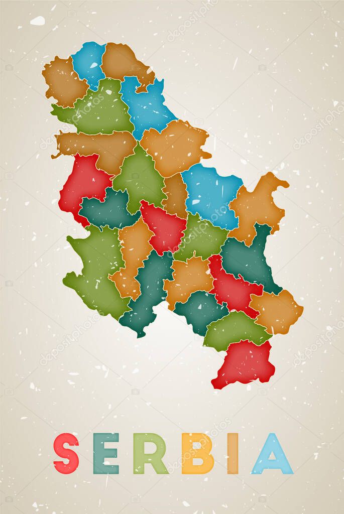 Serbia map Country poster with colored regions Old grunge texture Vector illustration of Serbia