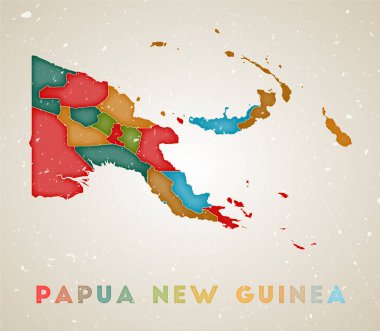 Renkli bölgelere sahip Papua Yeni Gine haritası Ülke posteri Eski grunge doku vektörü illüstrasyonu
