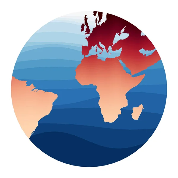 Mundo Mapa Vector Projecção Gnomónica Mundo em vermelho gradiente laranja nas ondas profundas do oceano azul — Vetor de Stock