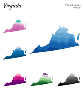 Set of vector maps of Virginia Vibrant waves design Bright map of us state in geometric smooth clipart