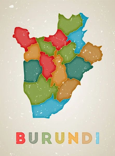 Burundi karta Land affisch med färgade regioner Gamla grunge textur Vektor illustration av Burundi — Stock vektor
