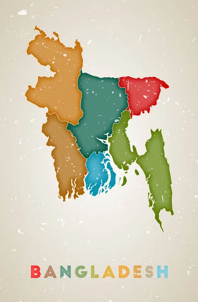 Bangladesh mapa País cartaz com regiões coloridas Velha textura grunge Vetor ilustração de —  Vetores de Stock