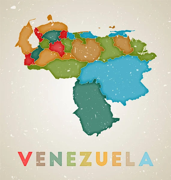 Mapa de Venezuela Cartel país con regiones de colores Textura grunge antigua Vector ilustración de — Archivo Imágenes Vectoriales