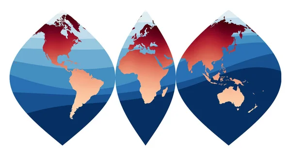 Mappa del mondo Vettore Proiezione sinusoidale interrotta Mondo in pendenza arancione rossa sul profondo oceano blu — Vettoriale Stock