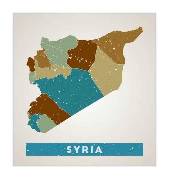 Mapa de Siria Afiche del país con regiones Textura grunge antigua Forma de Siria con nombre de país Trendy — Vector de stock