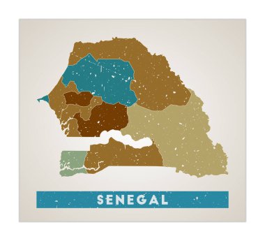 Senegal Harita Ülke posteri ile bölgeler Eski grunge desen şekli Senegal ülke adı ile
