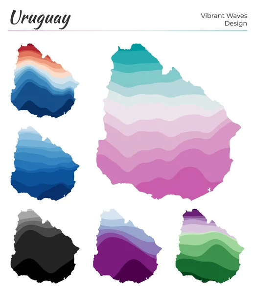 Conjunto de mapas vectoriales de Uruguay Diseño de ondas vibrantes Mapa brillante del país en suave geométrico — Archivo Imágenes Vectoriales