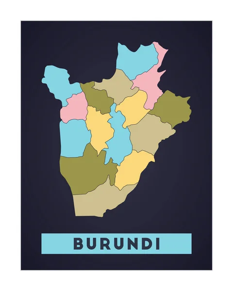 Carte du Burundi Affiche de pays avec régions Forme du Burundi avec le nom du pays Vecteur radiant — Image vectorielle