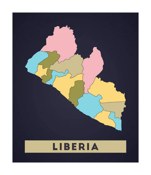 Liberia mappa Poster paese con regioni Forma della Liberia con nome paese Vettore radiante — Vettoriale Stock