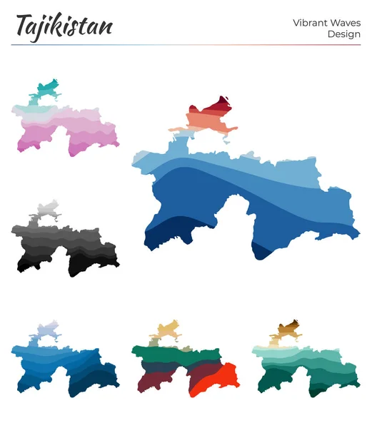Conjunto de mapas vectoriales de Tayikistán Diseño de ondas vibrantes Mapa brillante del país en geometría lisa — Vector de stock