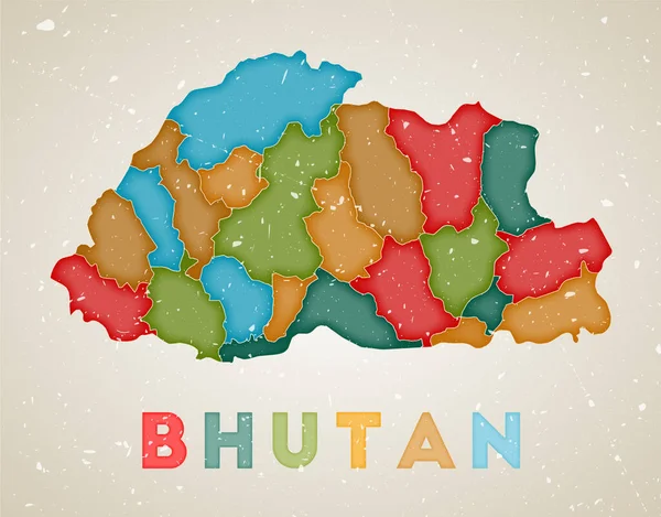 Bhutan karta Land affisch med färgade regioner Gamla grunge textur Vektor illustration av Bhutan — Stock vektor