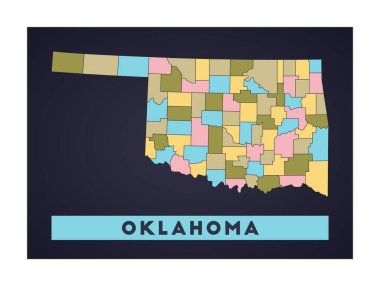 Oklahoma Haritası. Oklahoma 'nın şekilli bölgeleri ve modern vektör isimleriyle ABD posteri.