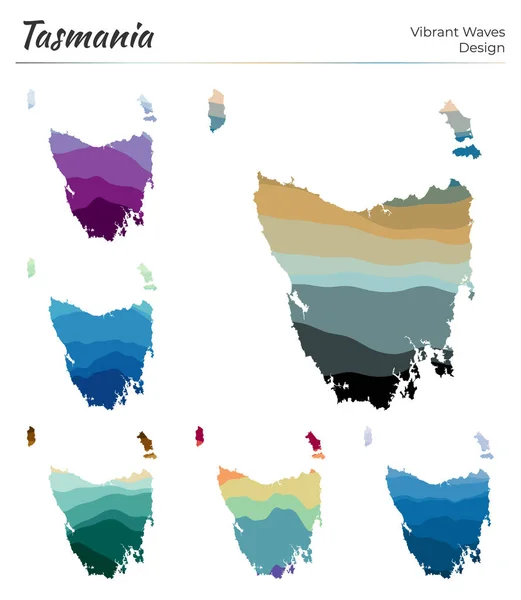 Conjunto de mapas vetoriais da Tasmânia Design de ondas vibrantes Mapa brilhante da ilha em liso geométrico — Vetor de Stock