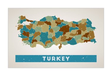 Türkiye haritasında Türkiye 'nin eski grunge desen şekilli ve ülke isimli bölgeleri yer alıyor