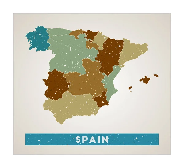 Карта Испании Плакат страны с регионами Старая гранж текстура Форма Испании с названием страны — стоковый вектор
