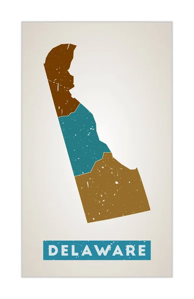 Carte du Delaware Affiche d'état avec régions Vieille texture grunge Forme du Delaware avec nous état — Image vectorielle