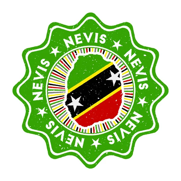 Nevis timbro grunge rotondo con mappa dell'isola e bandiera di campagna Badge vintage con testo circolare e — Vettoriale Stock