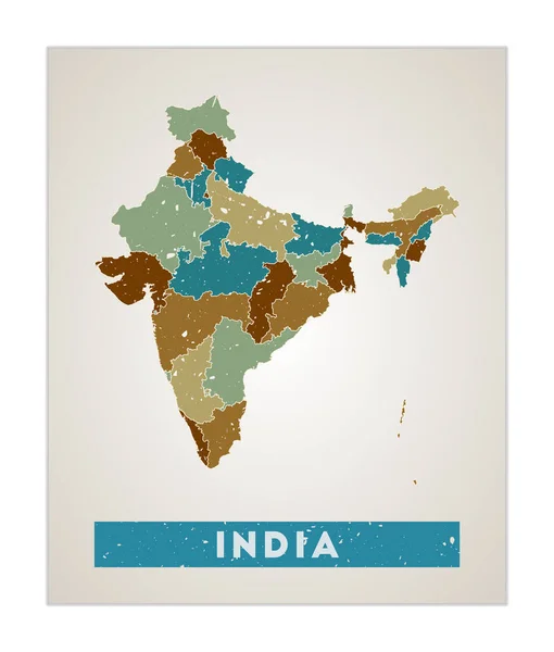 Carte de l'Inde Affiche de pays avec régions Vieille texture grunge Forme de l'Inde avec le nom du pays — Image vectorielle