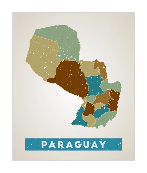 Paraguay map Ország plakát régiókkal Régi grunge textúra Paraguay alakja országnévvel — Stock Vector