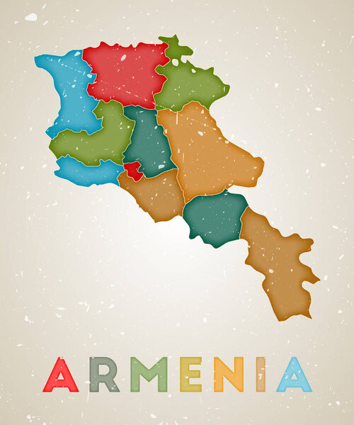 Armenia map Country poster with colored regions Old grunge texture Vector illustration of Armenia