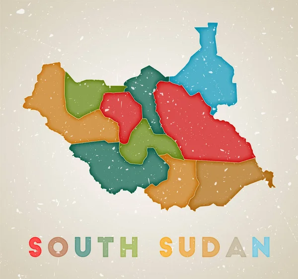 Sydsudan karta Land affisch med färgade regioner Gamla grunge textur vektor illustration av — Stock vektor