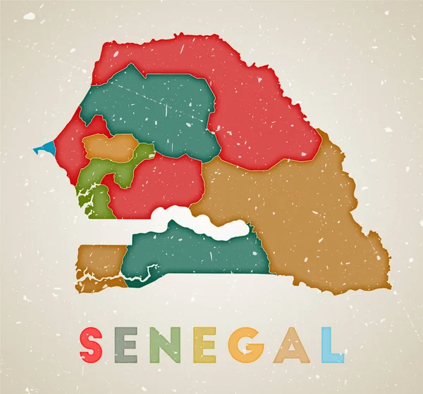 Плакат страны с цветными областями Старая гранж текстура Векторная иллюстрация Сенегала — стоковый вектор