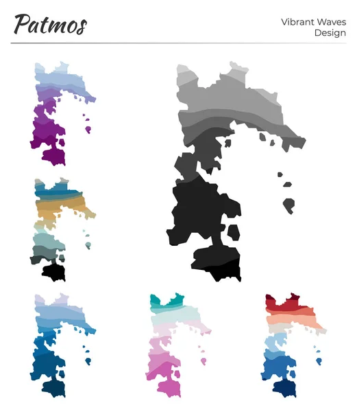 Conjunto de mapas vetoriais de Patmos Projeto de ondas vibrantes Mapa brilhante da ilha em curvas geométricas lisas — Vetor de Stock