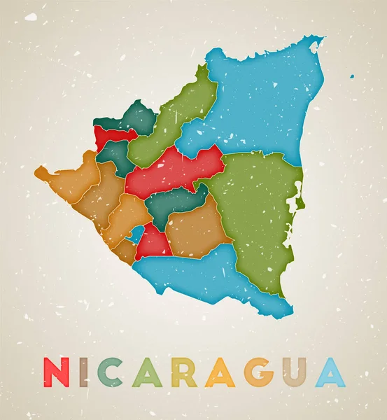 Карта Нікарагуа Країна плакат з кольоровими регіонами Old grunge текстура Vector ілюстрація — стоковий вектор