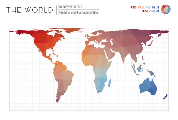 世界红黄蓝的多边形世界地图圆柱形等面积投影 — 图库矢量图片