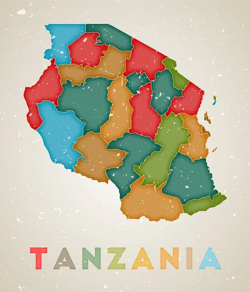 Mapa de Tanzania Cartel del país con regiones de colores Textura grunge antigua Vector illustration of — Archivo Imágenes Vectoriales