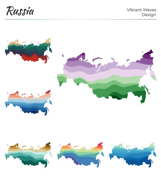 Множина векторних карт Росії Вібруючі хвилі проектують Яскраве відображення країни в геометричних гладких кривих — стоковий вектор