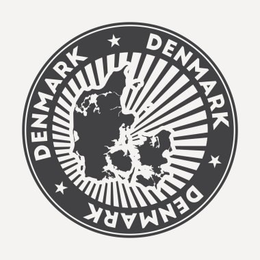 Danimarka yuvarlak logosu Dairesel adı ve ülke vektörünün haritası olan Vintage seyahat rozeti