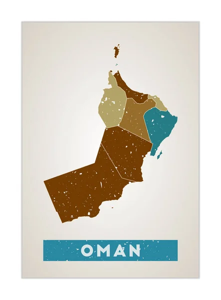 Mapa de Omán Afiche de país con regiones Textura grunge antigua Forma de Omán con nombre de país Modern — Vector de stock