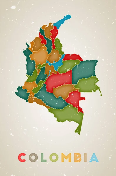 Kolumbia mapa Plakat kraju z kolorowymi regionami Stary grunge tekstury Wektor ilustracji — Wektor stockowy