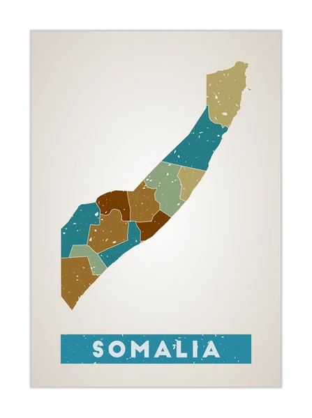 Somalia Landkarte Poster mit Regionen Old Grunge Textur Shape of Somalia mit Ländernamen — Stockvektor
