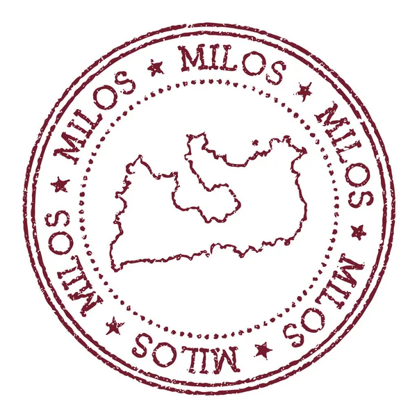 Milos ronda sello de goma con mapa de la isla Vintage sello de pasaporte rojo con texto circular y estrellas — Vector de stock