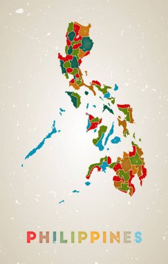 Renkli bölgeleri olan Filipinler haritası Ülke posteri Eski grunge doku vektörü illüstrasyonu
