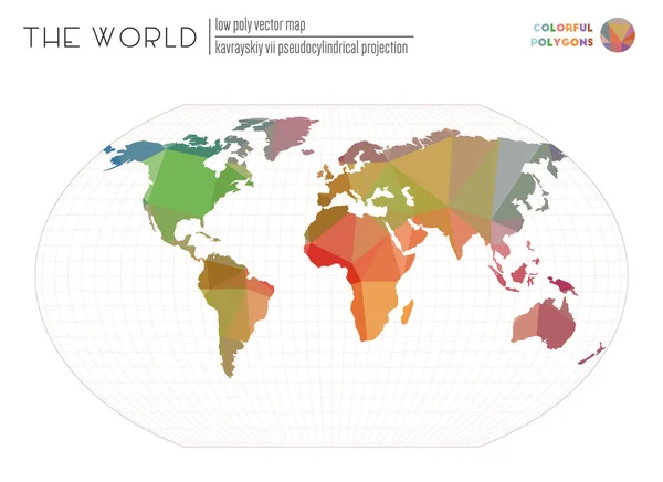 Wereldkaart in veelhoekige stijl Kavrayskiy VII pseudocilindrische projectie van de wereld Kleurrijk — Stockvector