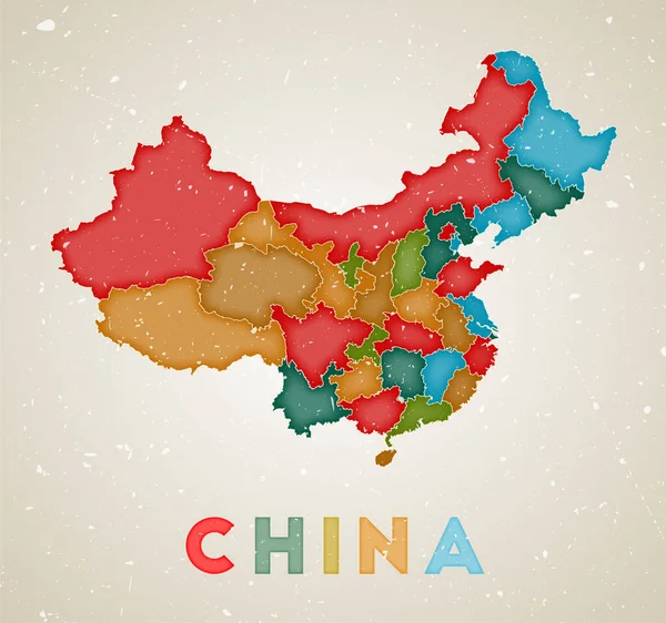 Mapa da China Cartaz do país com regiões coloridas Textura grunge antiga Ilustração vetorial da China —  Vetores de Stock