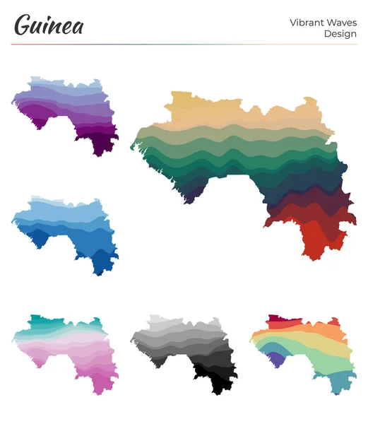 Conjunto de mapas vetoriais da Guiné Design de ondas vibrantes Mapa brilhante do país em curvas geométricas lisas —  Vetores de Stock